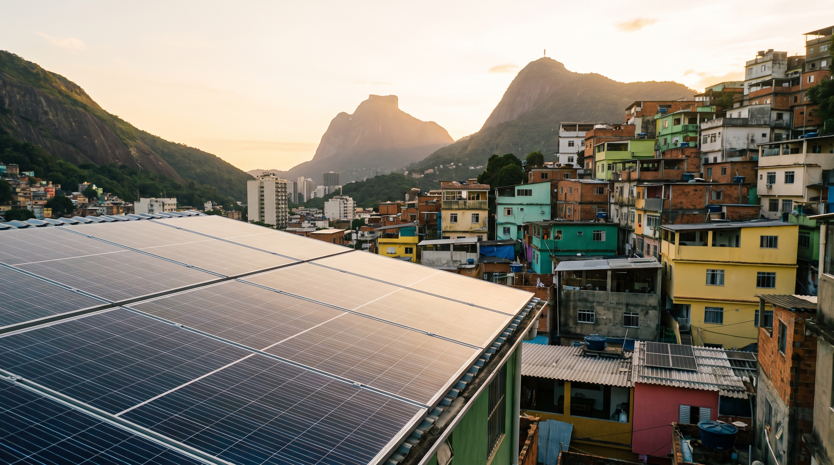Instalação de painéis solares em telhados de comunidade urbana sob luz natural do sol, destacando sustentabilidade e impacto social