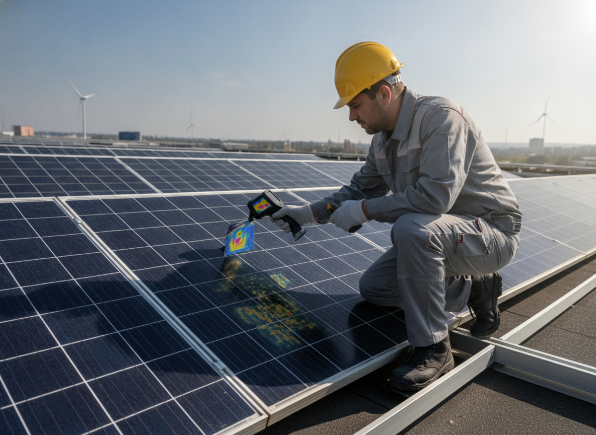 Técnico especializado inspecionando módulo solar fotovoltaico com equipamento de medição