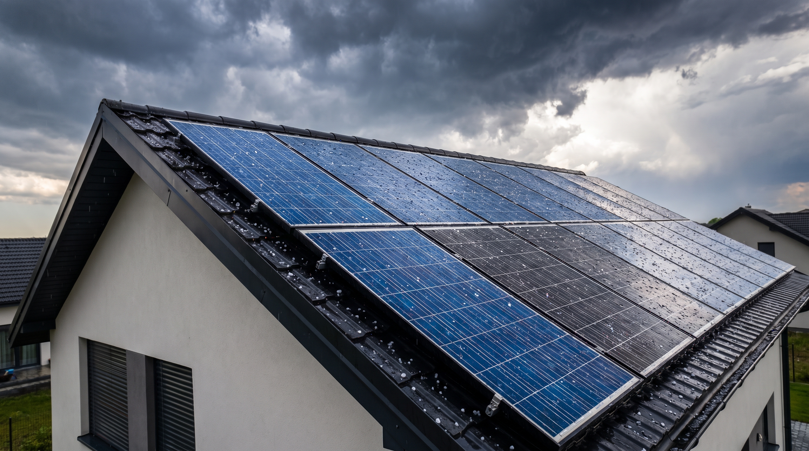 Painéis solares fotovoltaicos em telhado sob tempestade com pedras de granizo e céu dramático