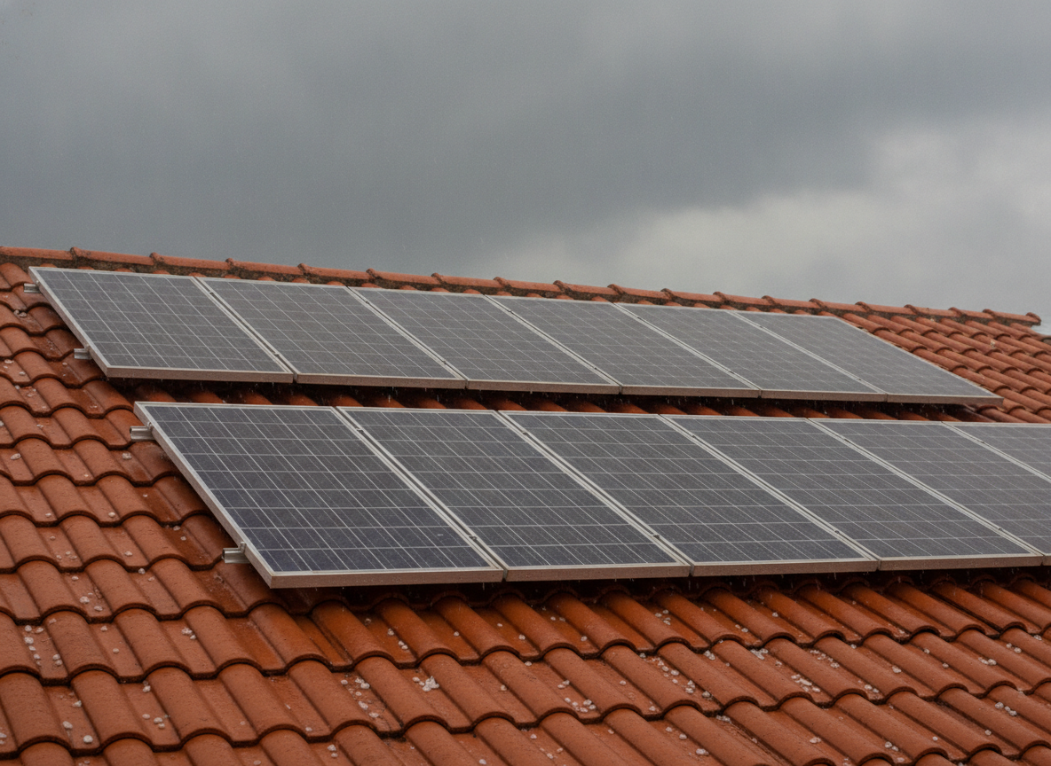 Instalação de painéis solares sobre o telhado de uma residência sob céu com nuvens carregadas