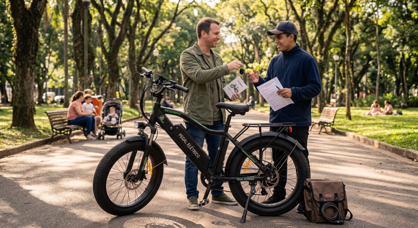 negociação de compra de bicicleta elétrica usada entre duas pessoas