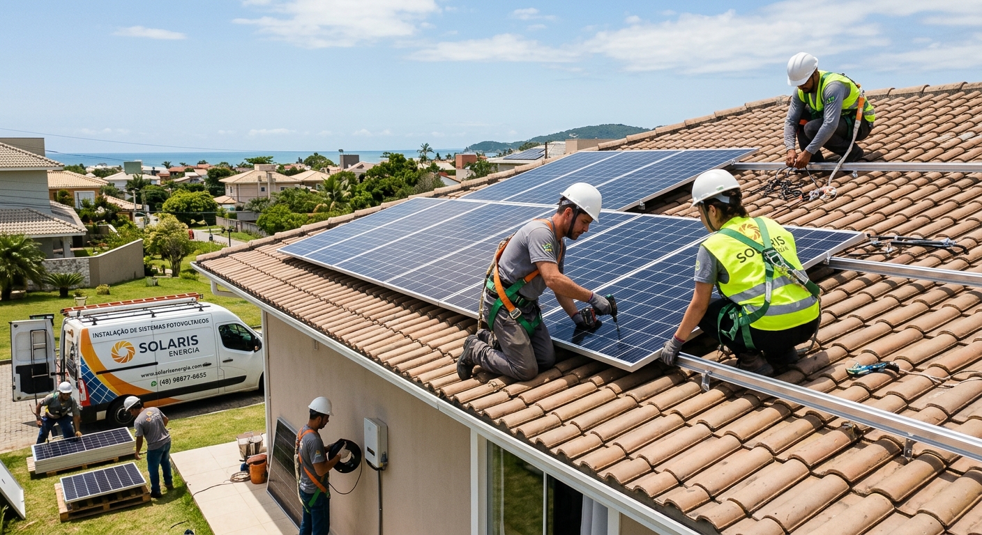 Equipe de integradora instalando sistema fotovoltaico em telhado