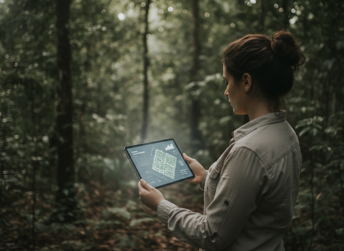 Profissional analisando métricas de impacto socioambiental e reflorestamento em dispositivo digital