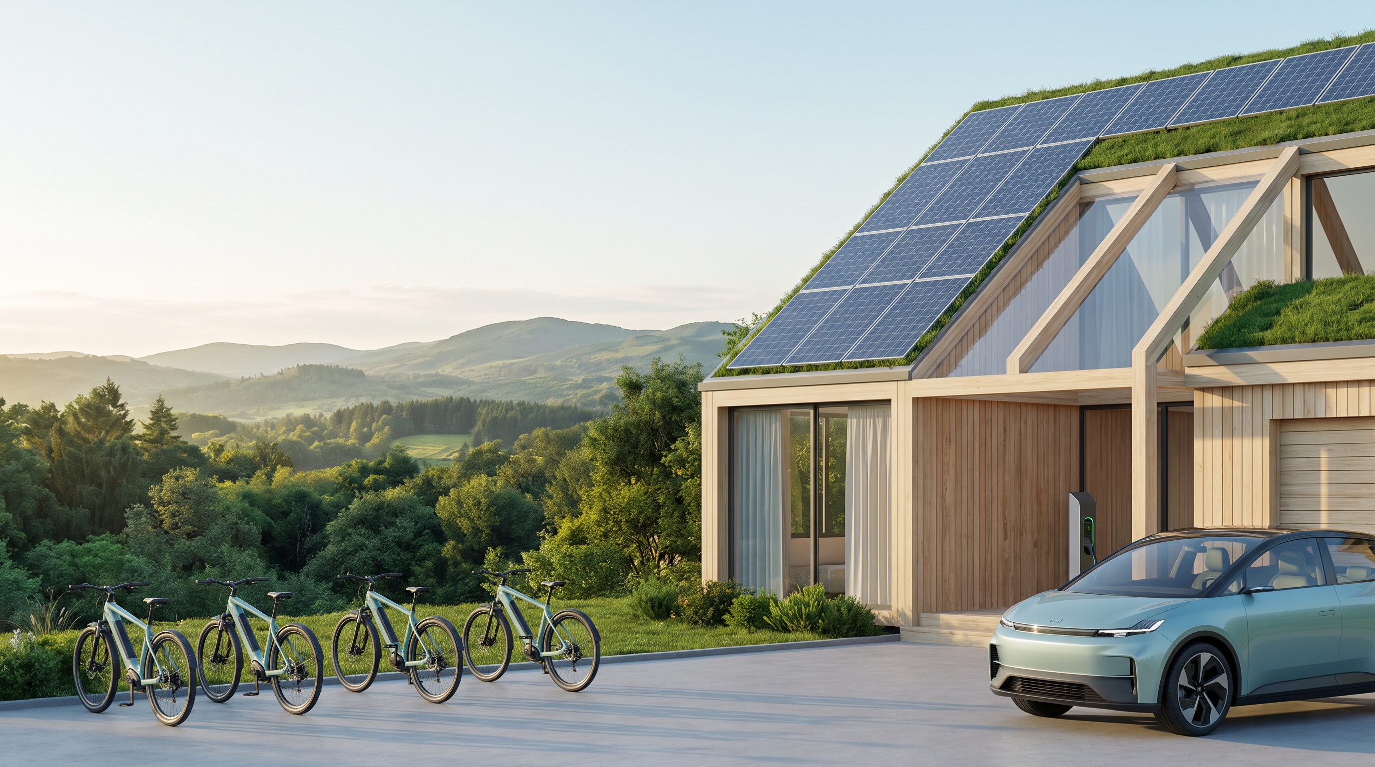 Paisagem contemporânea combinando mobilidade elétrica, geração de energia solar e vegetação nativa preservada sob luz suave da manhã