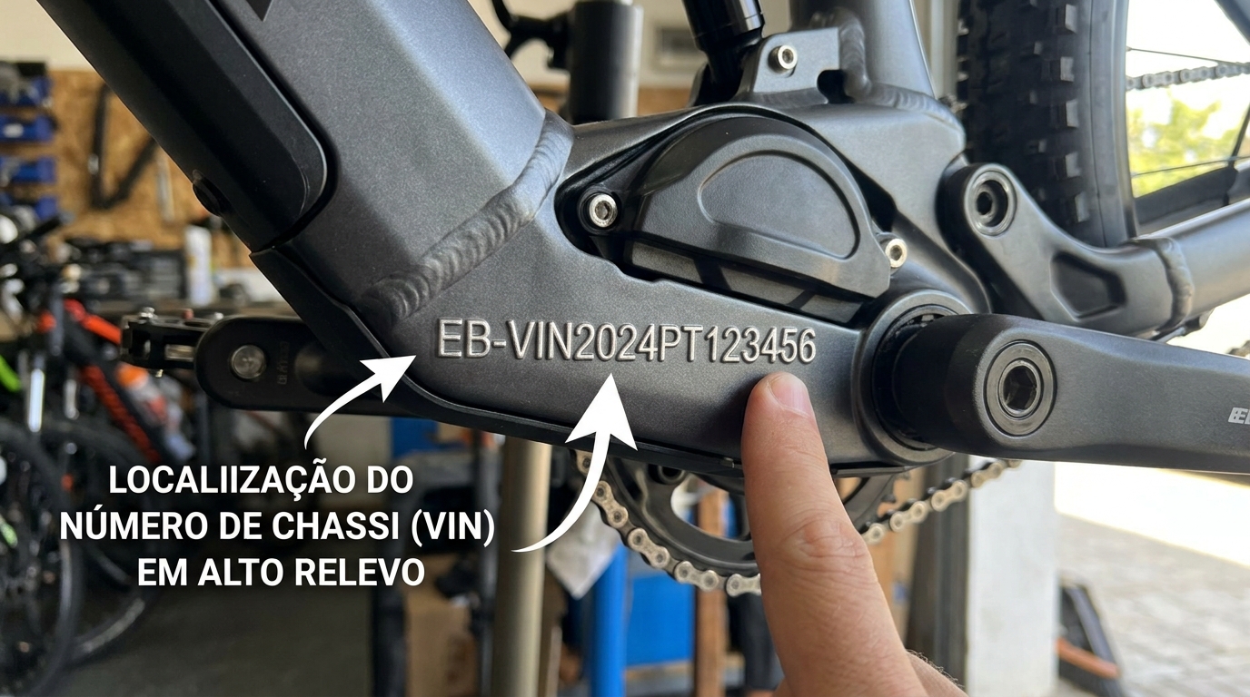 número de chassi gravado em alto relevo no quadro de bicicleta elétrica