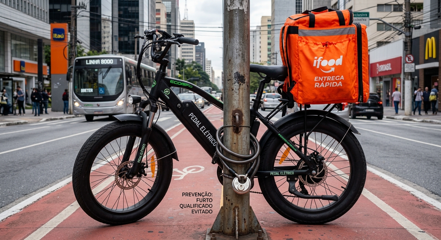 bicicleta elétrica de entrega travada em ponto fixo durante parada rápida