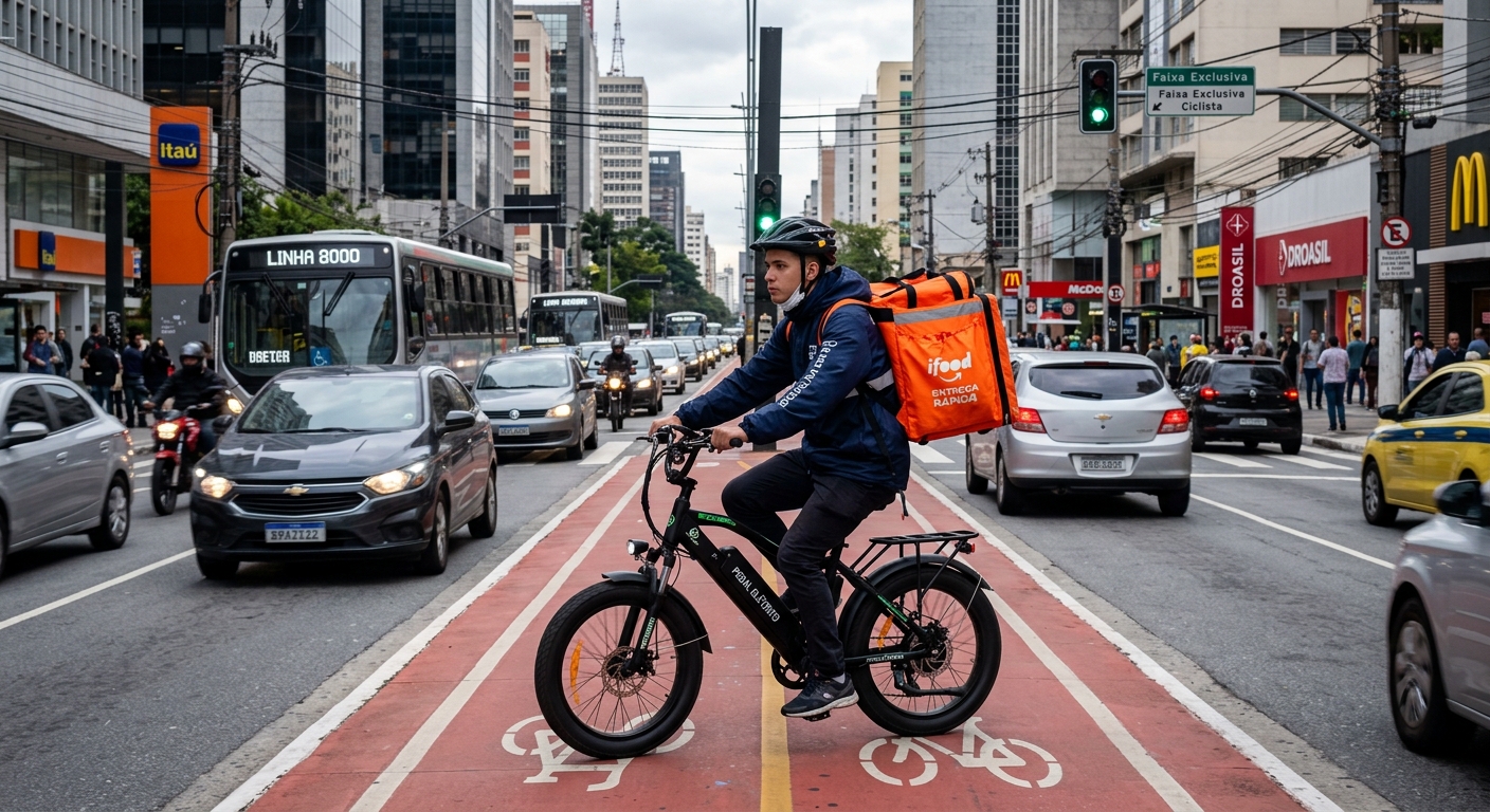 entregador com bag térmica conduzindo bicicleta elétrica no trânsito urbano