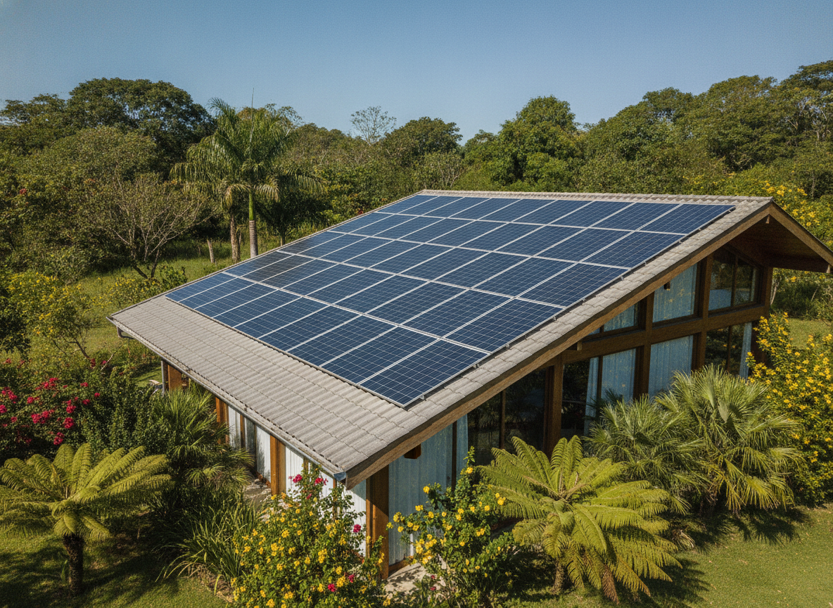 Painéis solares fotovoltaicos instalados em telhados integrados a uma comunidade urbana sustentável com vegetação nativa