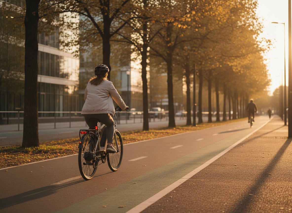Pessoa pilotando bicicleta elétrica em ciclovia arborizada de cidade moderna ao entardecer