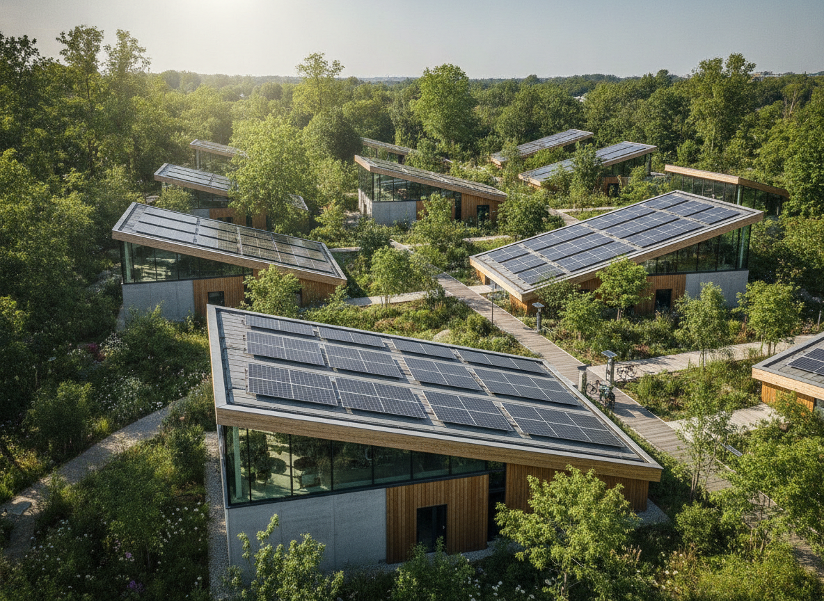 Painéis solares fotovoltaicos instalados em telhados integrados a uma comunidade urbana sustentável com vegetação nativa