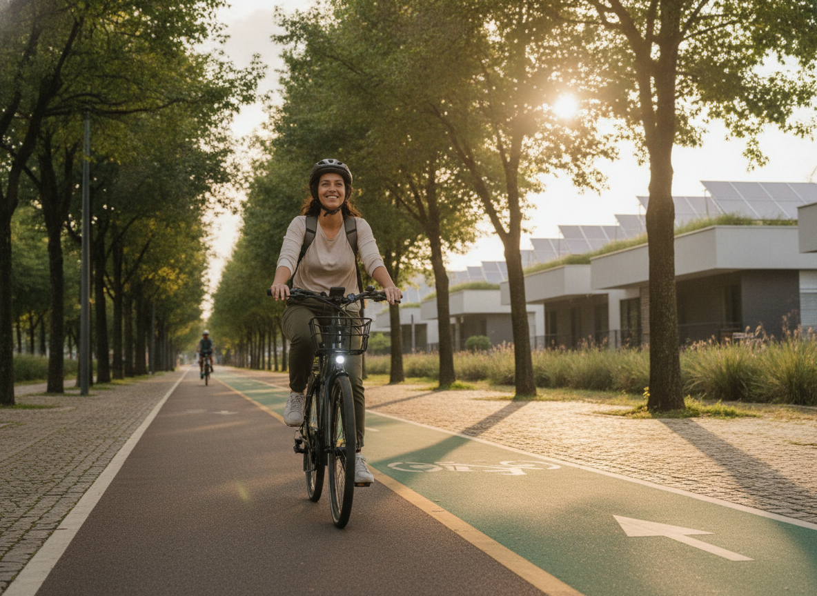 Pessoa pilotando bicicleta elétrica em ciclovia arborizada de cidade moderna ao entardecer