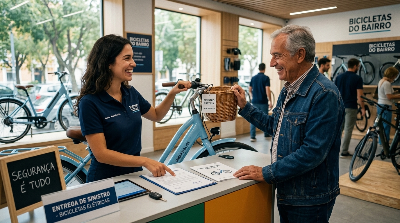 Entrega de bicicleta elétrica nova de sinistro ao cliente no balcão da loja